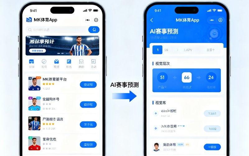 MK体育App v4.8版本更新界面截图，突出显示AI赛事预测和新版UI设计的变化对比