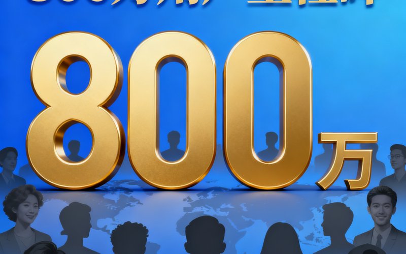庆祝800万用户里程碑的宣传海报，数字800万用金色大字突出展示，周围环绕着全球各地用户的头像剪影