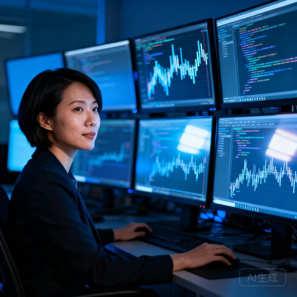 一位30多岁的女性技术总监，短发干练，坐在多台显示器前调试代码，屏幕显示数据流可视化界面
